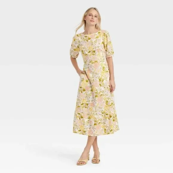 Who What Wear Women's Floral Bishop Sleeve Tie-Back Dress - Picture 1 of 7